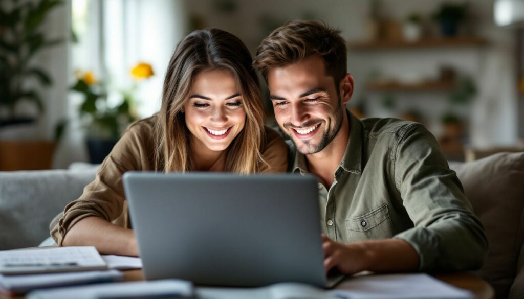 A couple in their late 20s is smiling while looking at a laptop in their Miami apartment, surrounded by wedding planning materials.