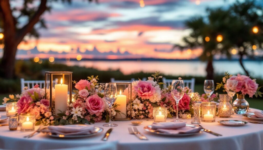 A beautifully decorated outdoor wedding table in Orlando with elegant floral centerpieces and candlelit lanterns.