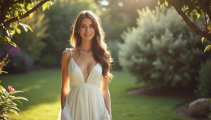 A bride in a simple white dress poses in a sunlit garden with a calm, happy expression.