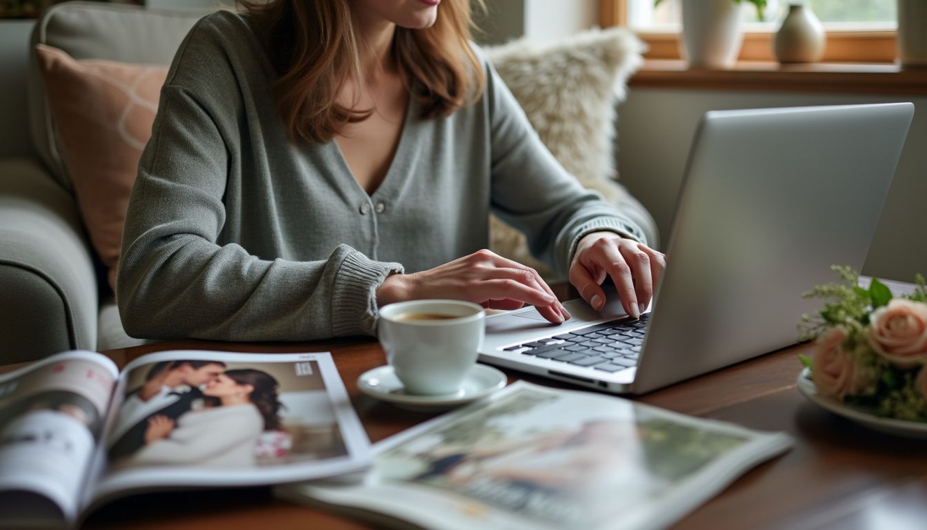 A bride-to-be looks through Candid Studios' portfolio on her laptop in a cozy living room.