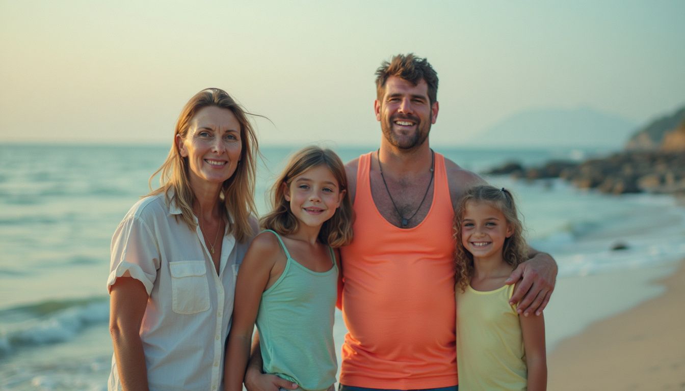 A family of four, including two parents and their two children, is enjoying a casual outing at the beach.