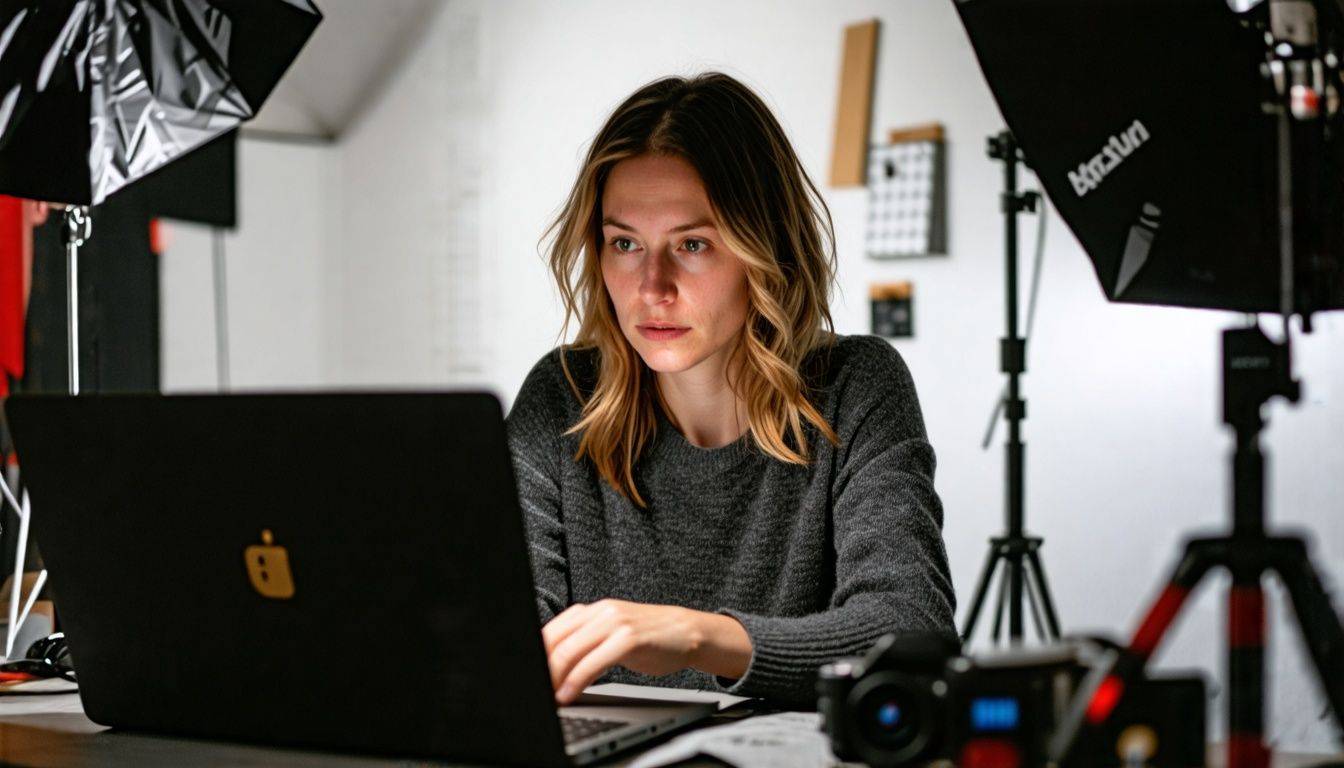 A female photographer in her 30s reviews candid shots in a cluttered studio.