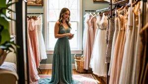 A woman in her mid-20s trying on engagement photo dresses in a cozy vintage boutique.