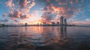 A wide-angle shot of the Jacksonville skyline at sunset.