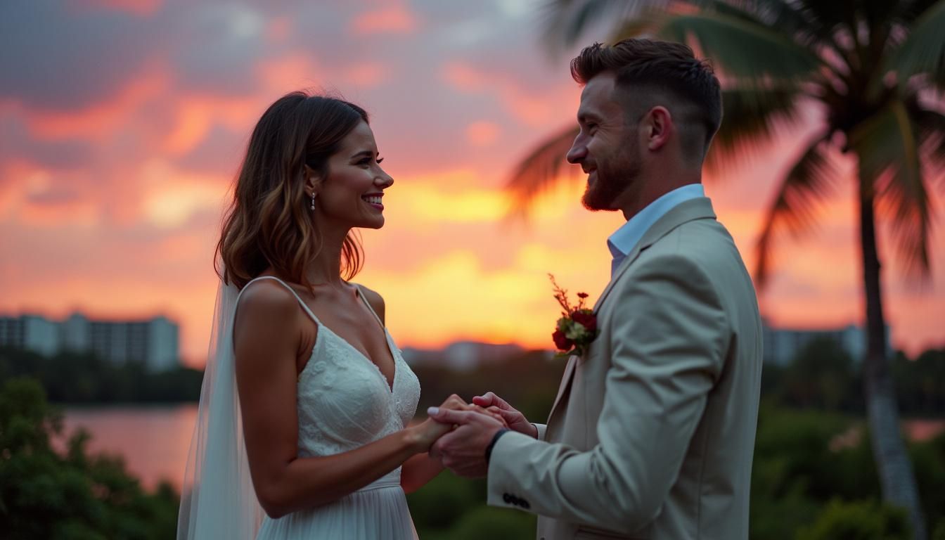 A casual outdoor wedding ceremony at sunset in Miami with an ordinary couple exchanging vows.