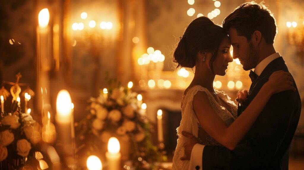 Newlywed couple dancing romantically in a candlelit ballroom.