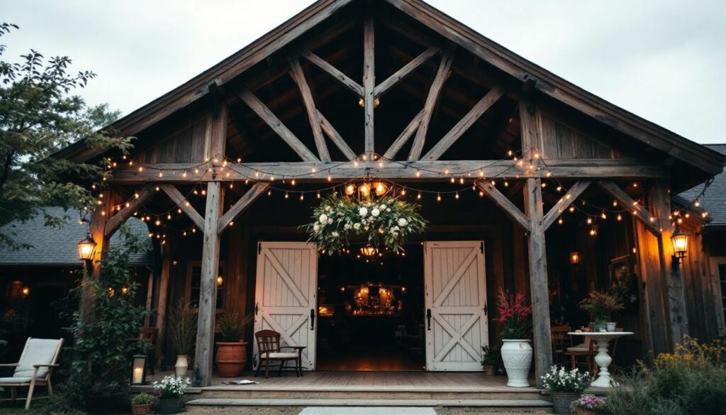 A cozy rustic barn wedding venue with exposed wooden beams and string lights.