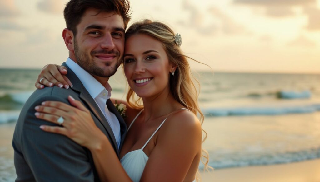 A bride and groom embrace on Daytona Beach during sunset, with the ocean in the background.