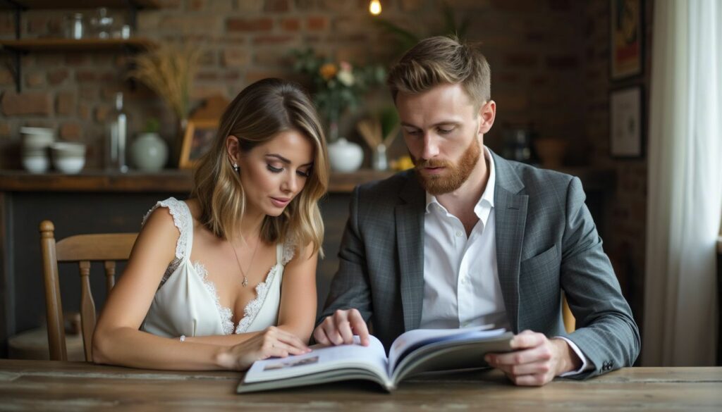 A bride and groom casually review wedding photos and videos at a rustic wooden table.