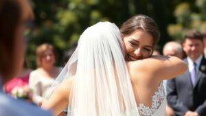 A bride shedding a tear of joy while embracing her mother after exchanging vows.