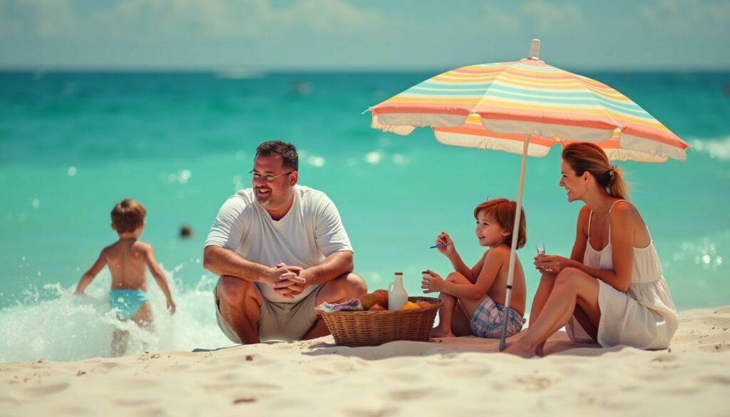 A family of four enjoys a casual beach picnic in Miami.