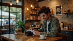 A young photographer sets up a vintage camera in a cozy coffee shop.