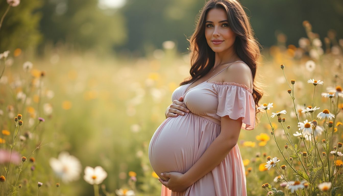 A mid-30s pregnant woman in a pastel maternity gown stands in a field of wildflowers.