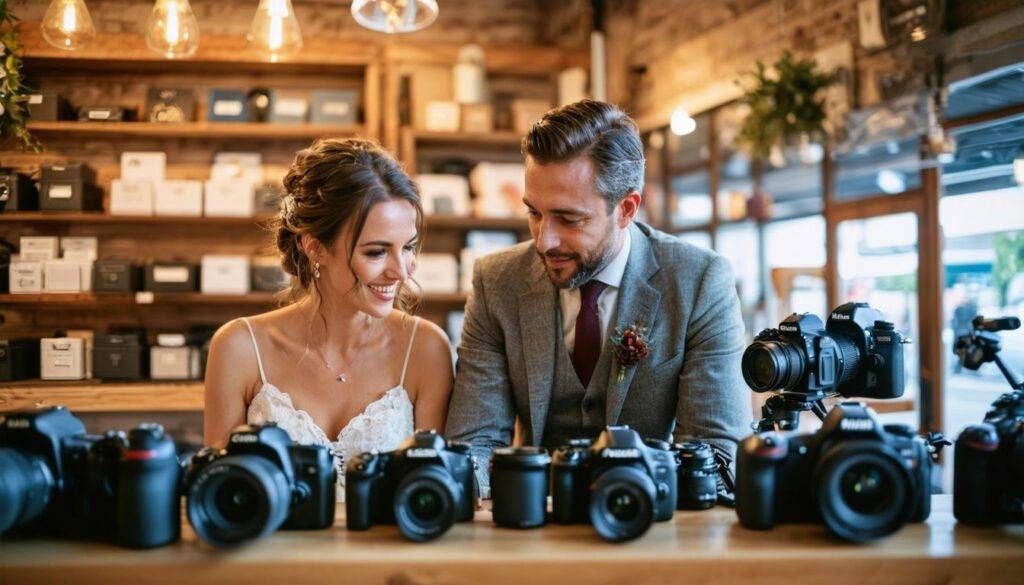 A couple in their 30s comparing wedding photography cameras in a camera store.