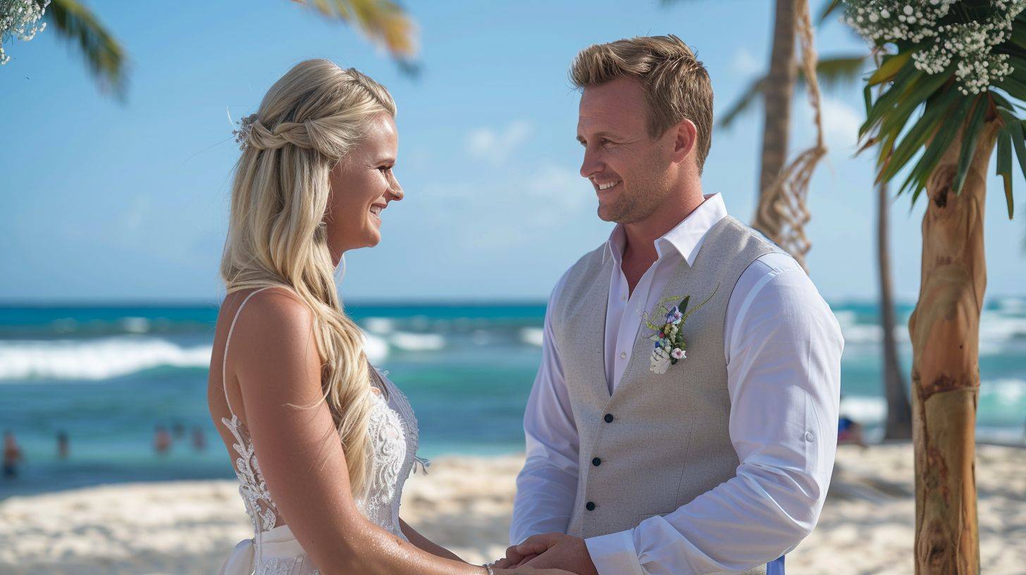 A happy couple exchanges vows on the pristine beach at Royalton Punta Cana.