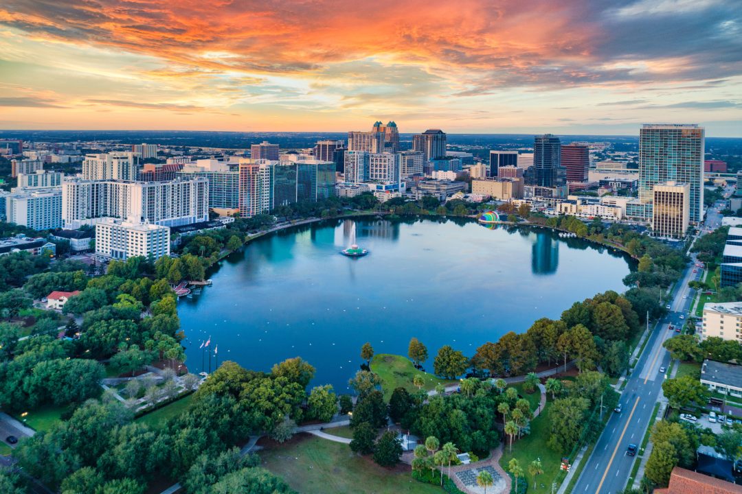 Orlando, Florida, USA Downtown Drone Skyline Aerial.