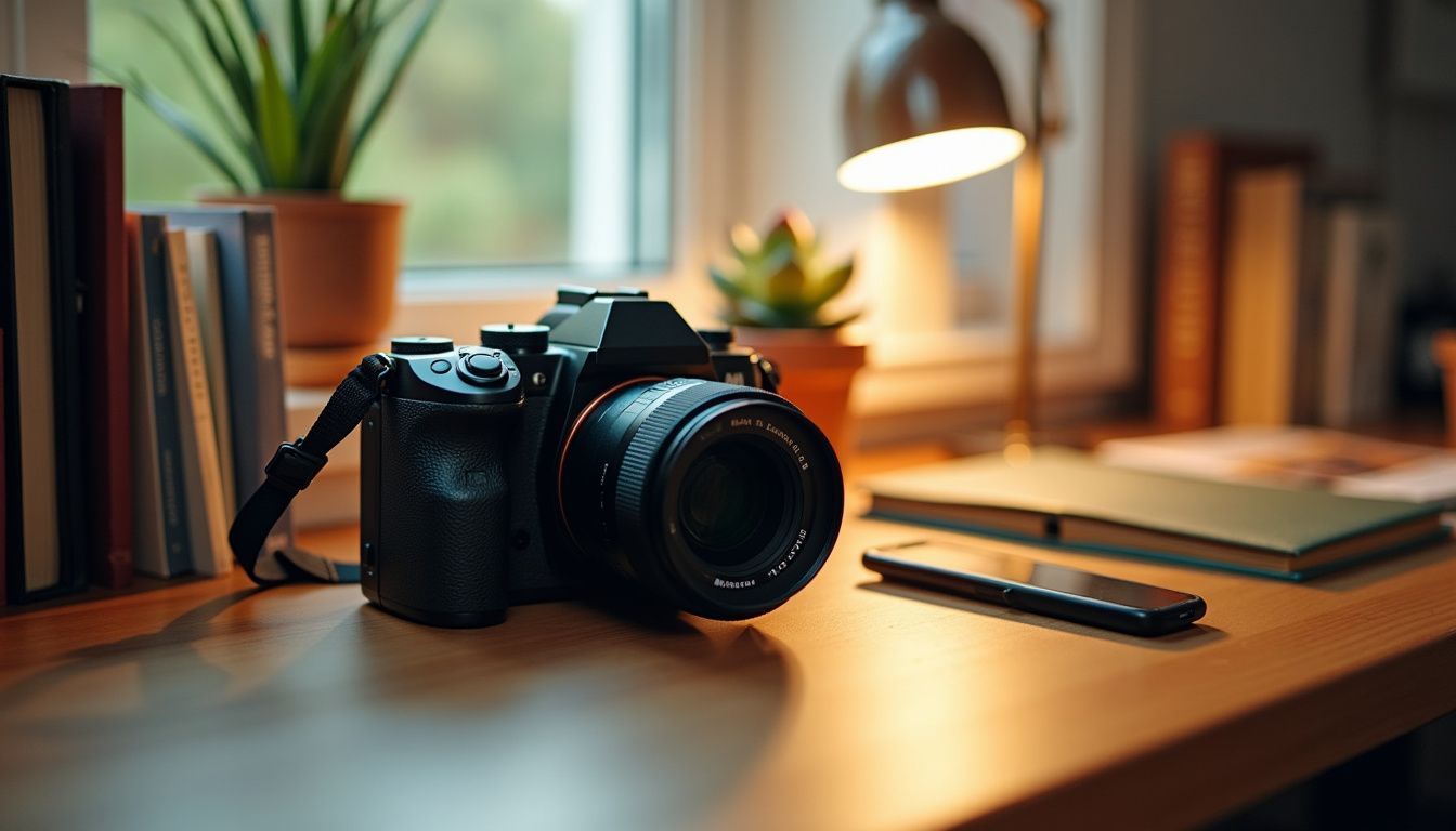 A modern camera on a wooden desk surrounded by photography books and decorative items.