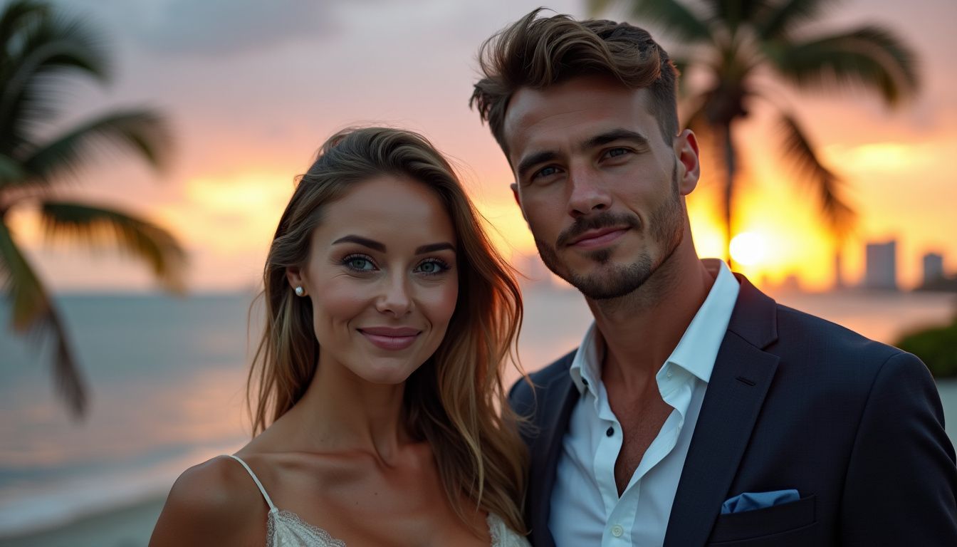 A man and woman in their 30s stand in front of the Miami skyline at sunset.