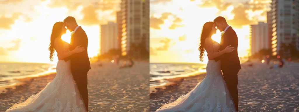 a sun-kissed bride and groom embrace on a picturesque miami beach, their love captured in vivid colors by a skilled wedding photographer.