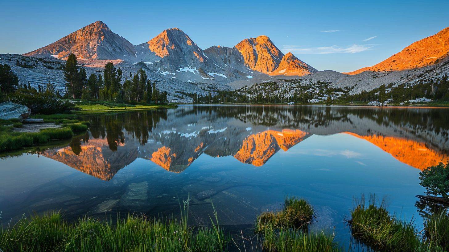 A wide-angle lens captures a stunning mountain landscape at sunrise.