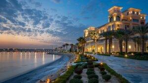 A luxurious waterfront hotel with a private beach and elegant ballroom, captured in a wide-angle cityscape photograph.