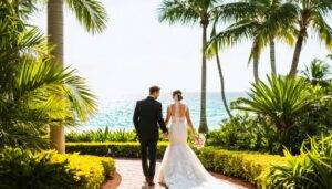 Newlyweds walking through lush Florida garden at wedding venue.