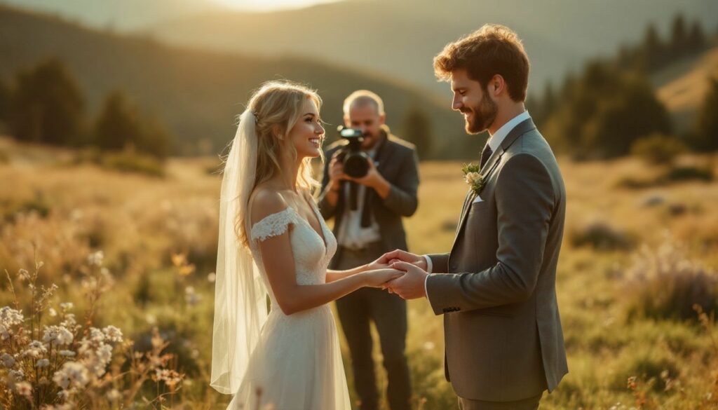 A bride and groom exchange vows in a scenic mountain meadow at sunset.