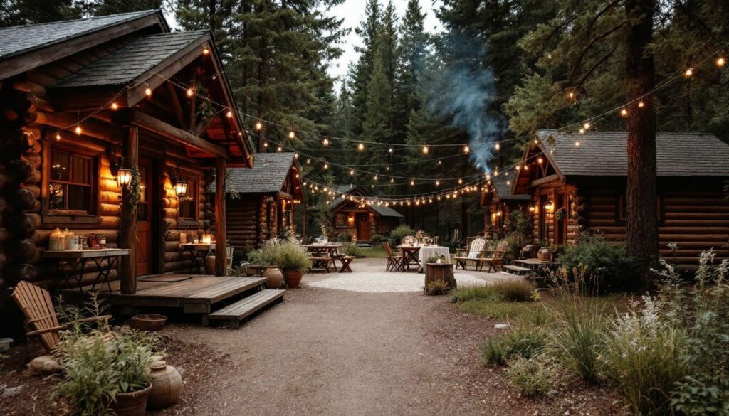 A rustic wedding venue in Colorado with log cabins, string lights, and vintage décor.