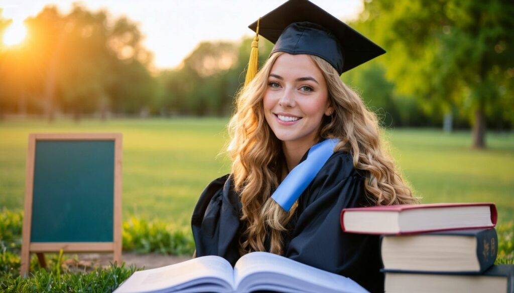 A young woman poses in cap and gown for a senior graduation photoshoot.