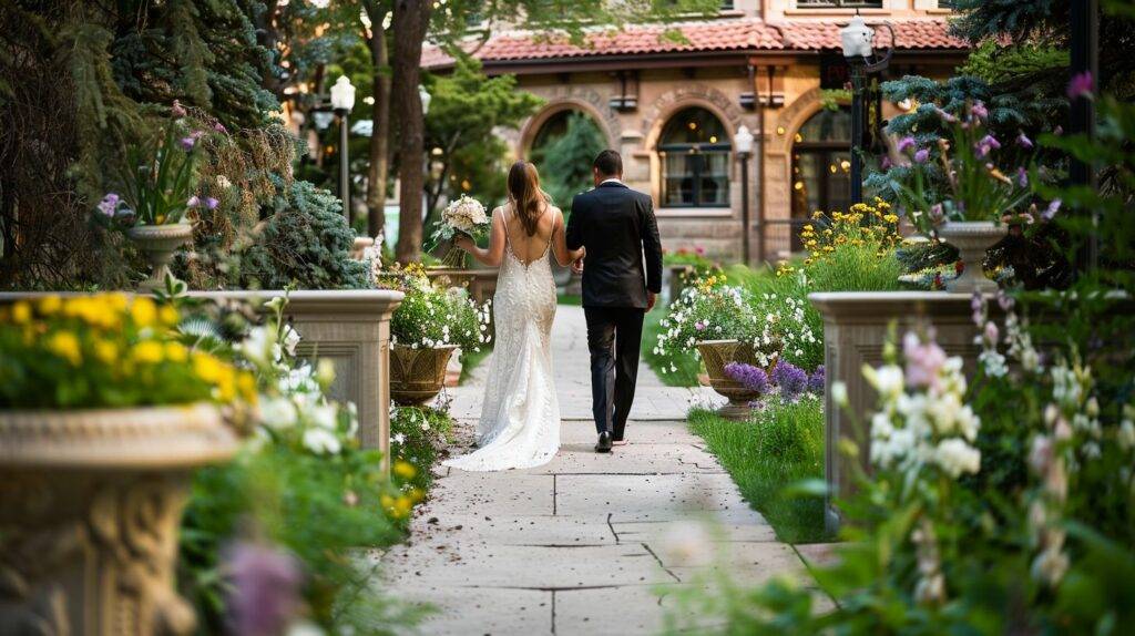 'A bride and groom walking through the elegant grounds of The Denver Athletic Club, captured with a wide-angle lens.'