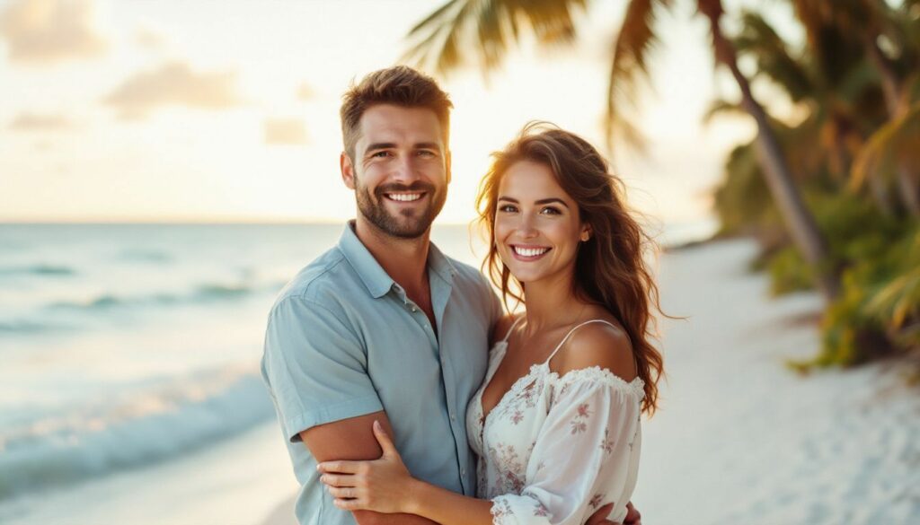 A mid-30s newlywed couple embraces on a Key West beach at sunset.