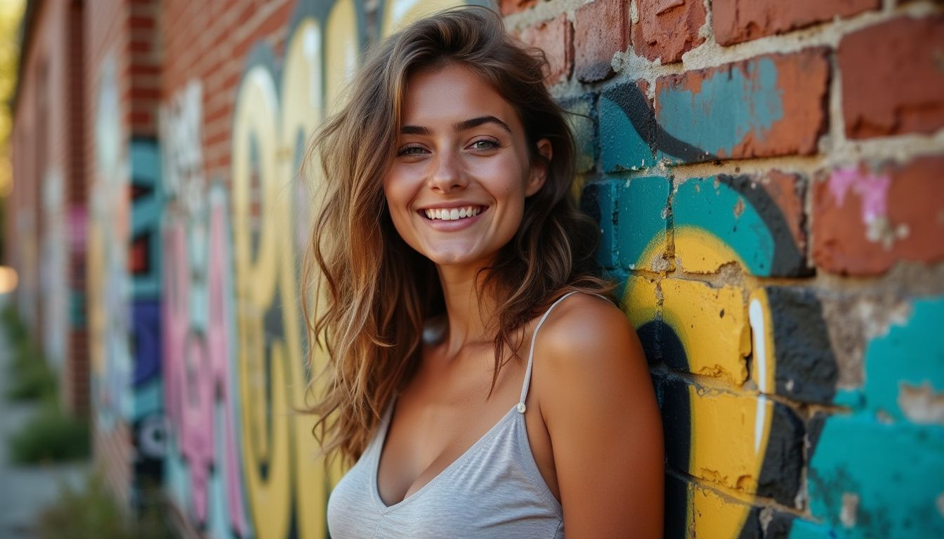 A young woman in casual attire stands in front of a graffiti-covered brick wall with a relaxed, confident smile.