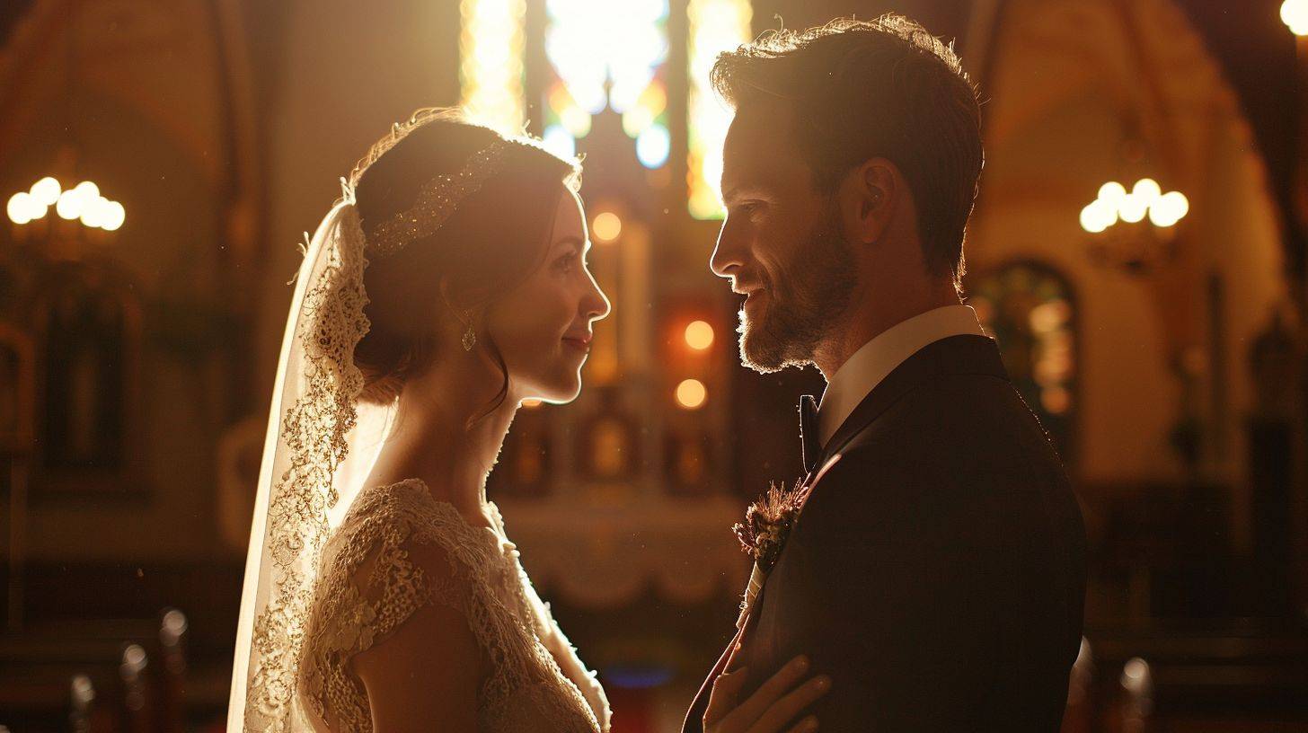 A newlywed couple exchanges vows in a church captured in portrait photography.