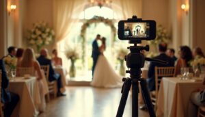 A wedding reception venue with elegant decor and a professional video camera capturing the ceremony.