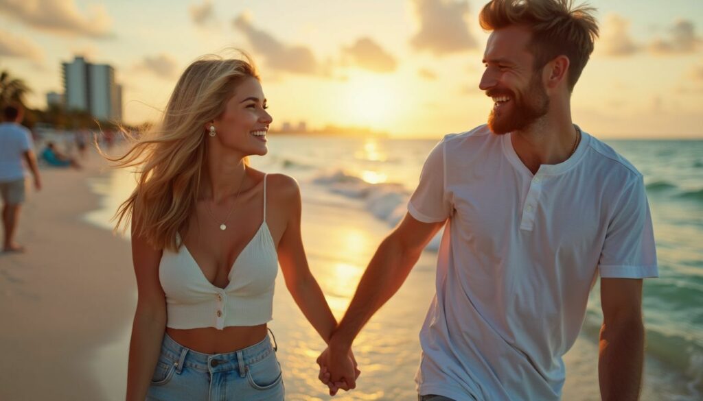 A young woman and man hold hands and laugh at the beach during sunset in Miami.