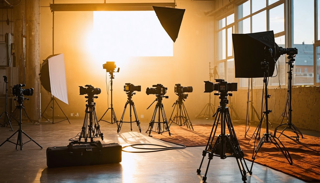 A professional studio setup with high-quality cameras and equipment for filming weddings.