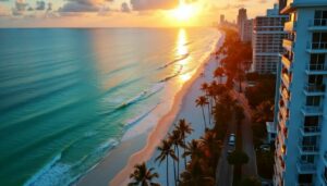 Miami Beach at sunrise with palm trees, ocean, and buildings in soft, muted colors.