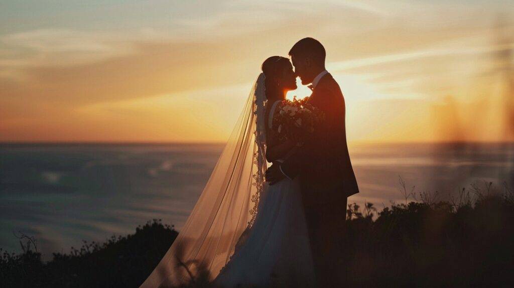 A couple stands under a sunset in a portrait photo, taken with a prime lens.