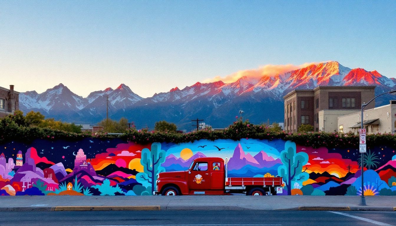 A vibrant street art mural in Denver with the Rocky Mountains in the background at sunset.