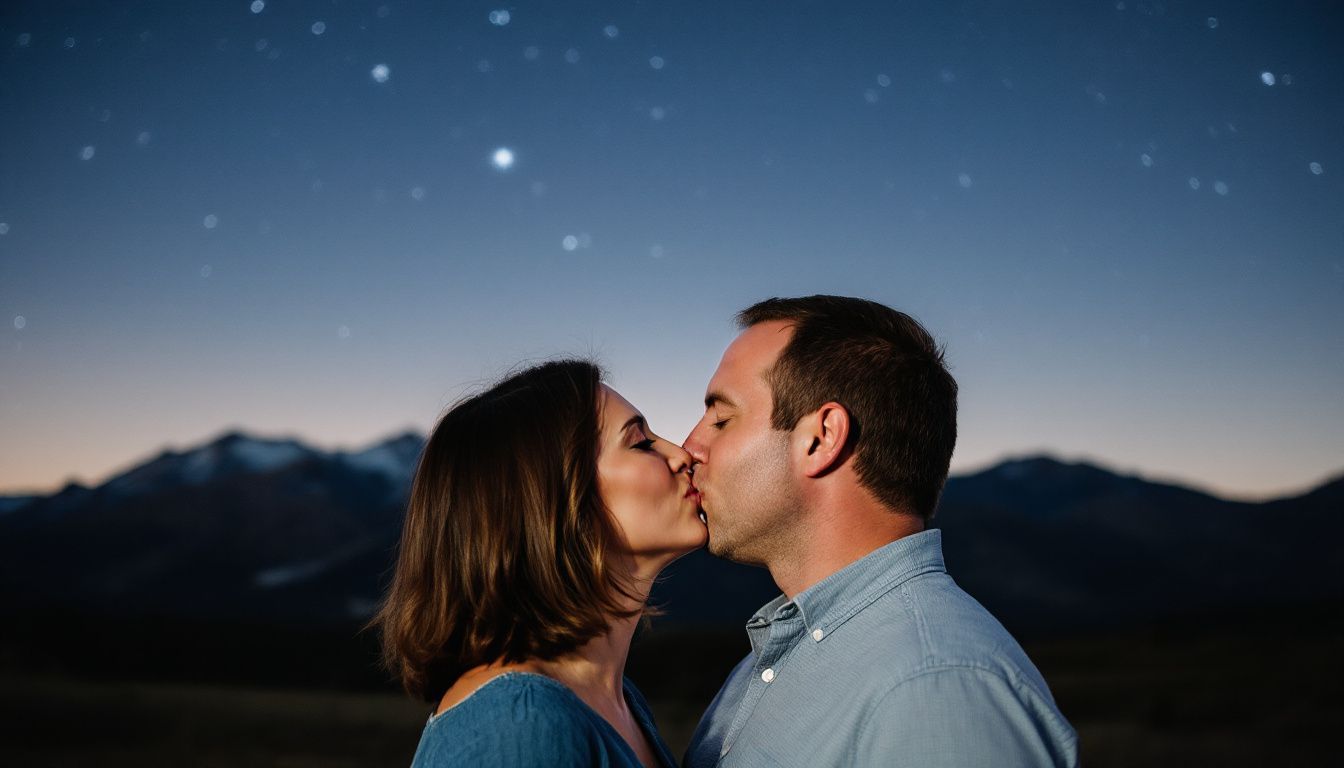 A couple shares a kiss under starlit sky in front of Colorado mountains.