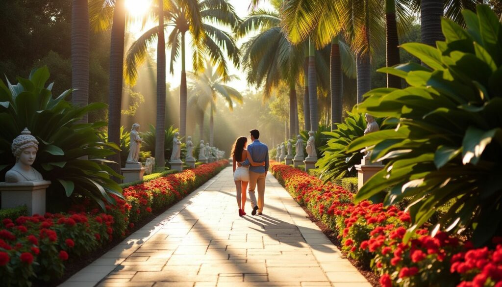 The sunlit pathway at Vizcaya Museum and Gardens in Miami.