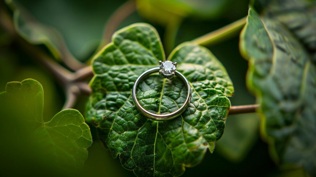 A wedding ring placed on a heart-shaped leaf surrounded by a vine.