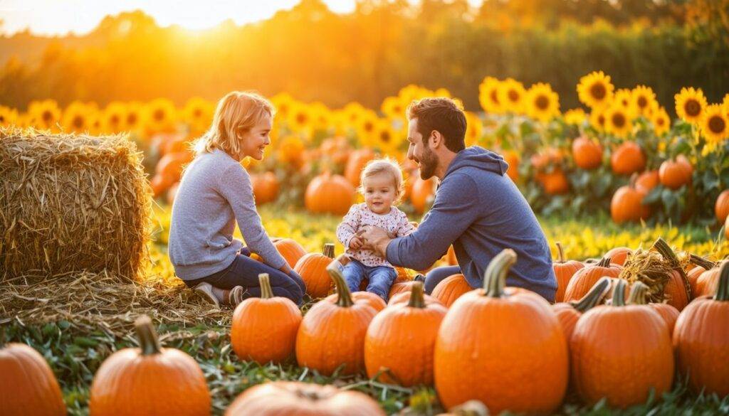 A family with children enjoys a colorful pumpkin patch on an autumn day.