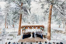 wedding party outside of Della Terra in the snow at Estes Park, CO