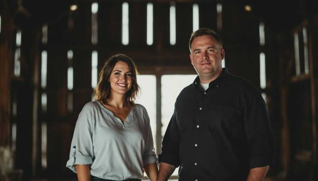 A couple holding hands in a rustic barn at Sylvan Dale Guest Ranch.