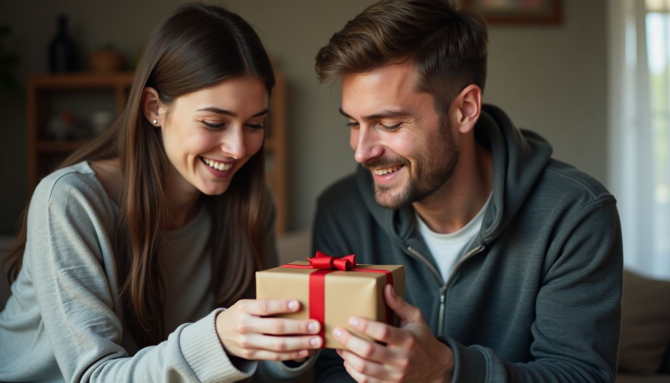 A couple in their mid-30s exchanging a wrapped engagement gift in a cozy home setting.