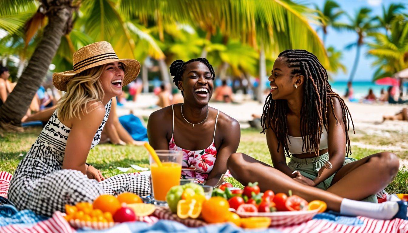 A group of young adults share laughter and joy at a beachside picnic in Miami.