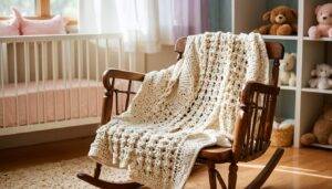 A vintage rocking chair with a crochet blanket in a cozy nursery with stuffed animals.