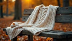 A cream cable-knit sweater sits on a wooden bench surrounded by autumn leaves in the warm light of sunset.