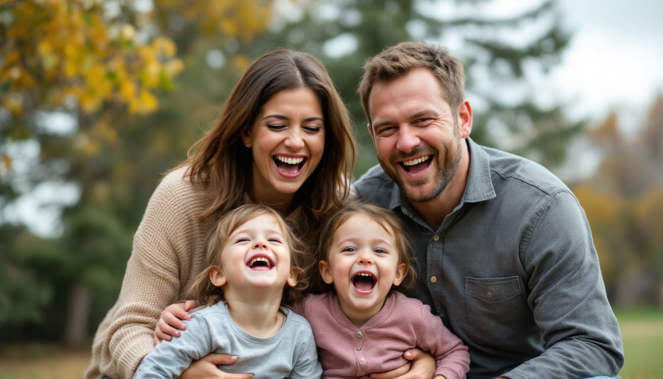 A family of four enjoying a joyful moment together in a park.